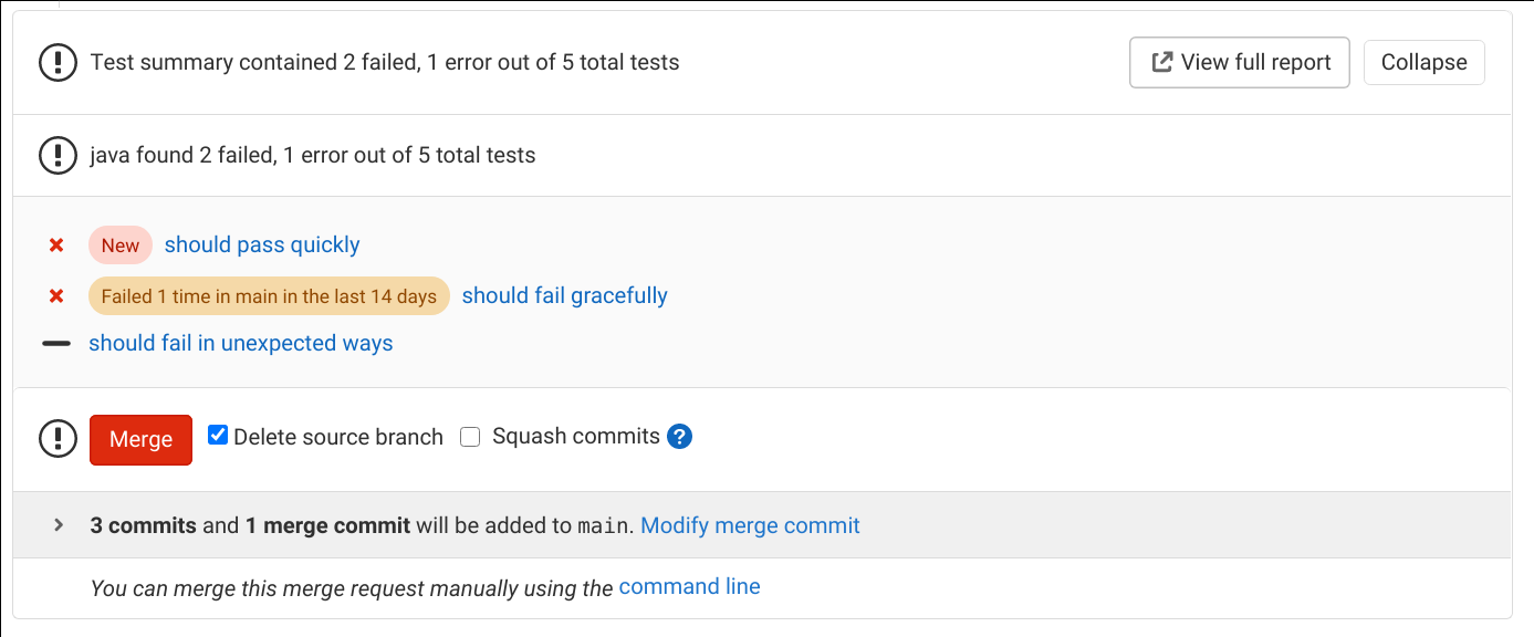 Screenshot of merge request summary of test failures compared to base branch