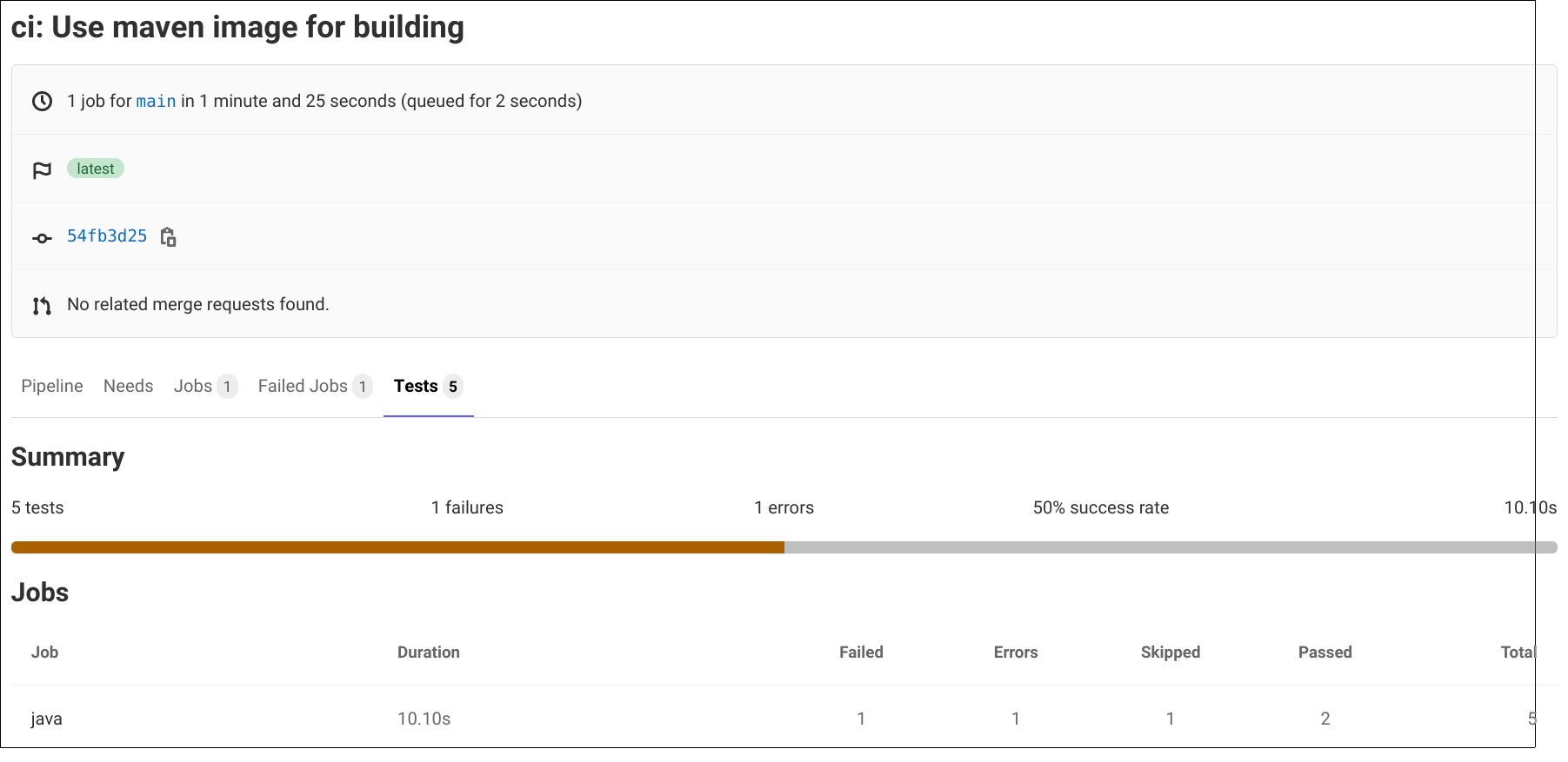 Screenshot of test failure summary in GitLab