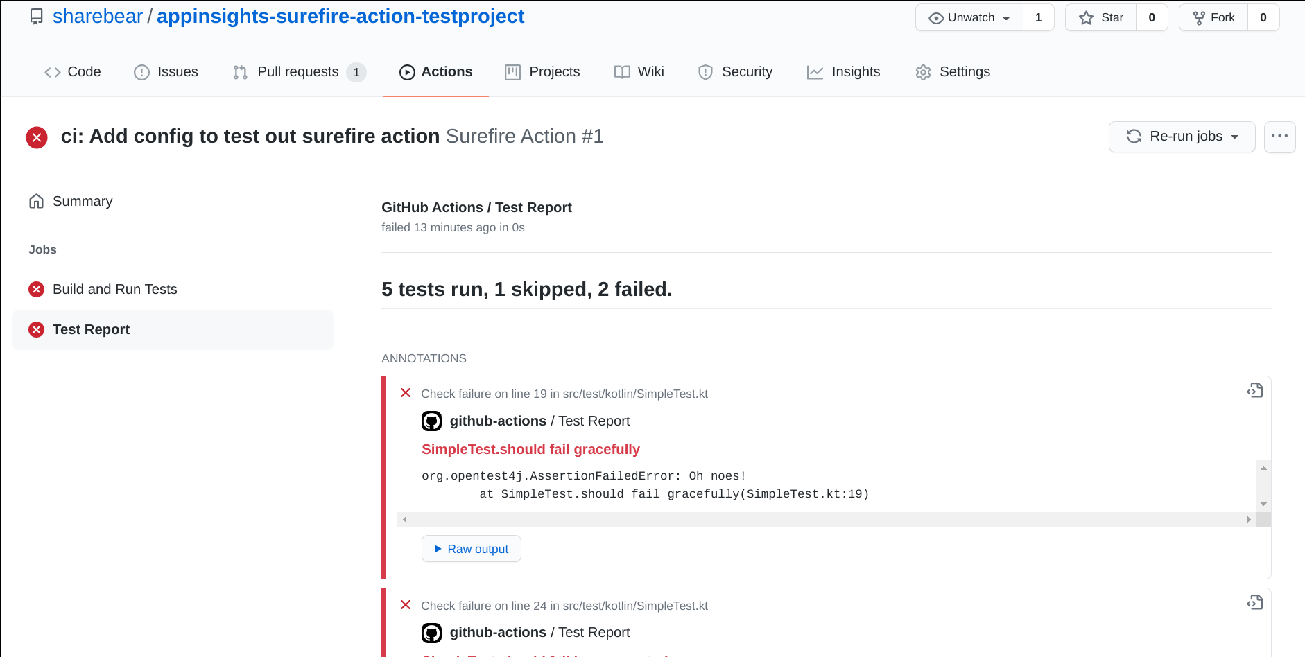 Screenshot of Surefire Report Action summary and annotations